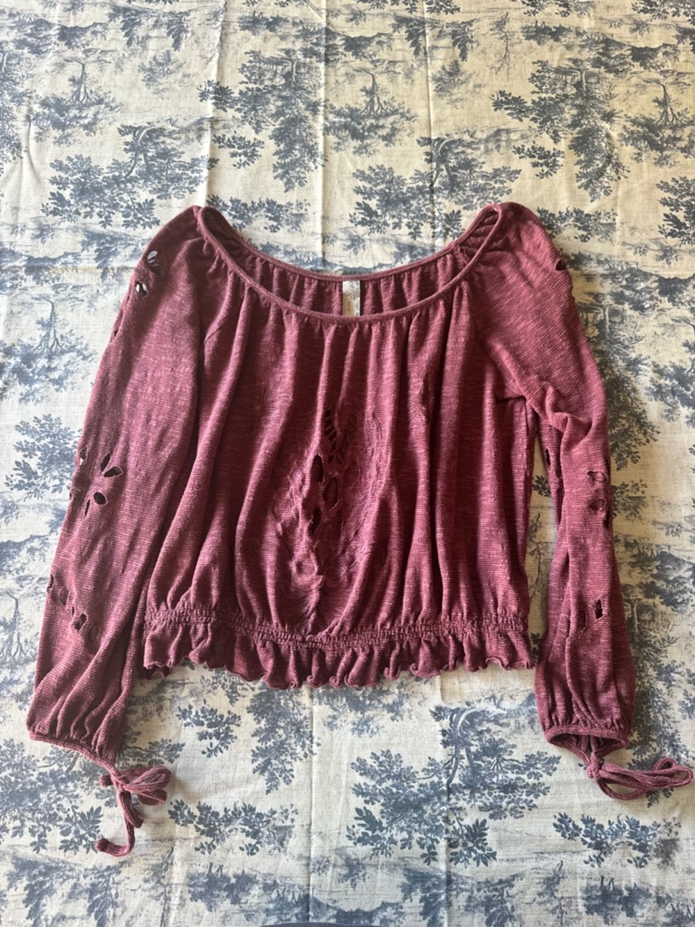 Free People Distressed Long Sleeve Top in Burgundy